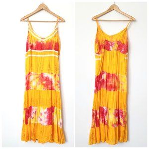 Y2K California Breeze Tie Dye Maxi Dress Tiered Crochet Yellow‎ Pink Medium